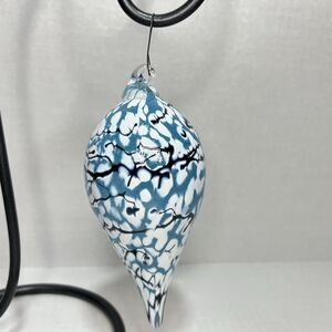Art Glass Studio Ornament Teardrop Blown Blue White 6”